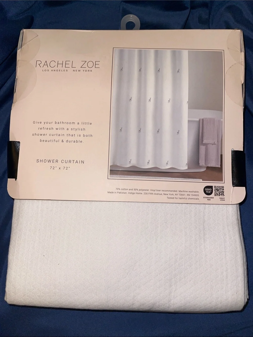 Rachel Zoe White Shower Curtain with Silver Embroidered Reindeer and Pink Bow